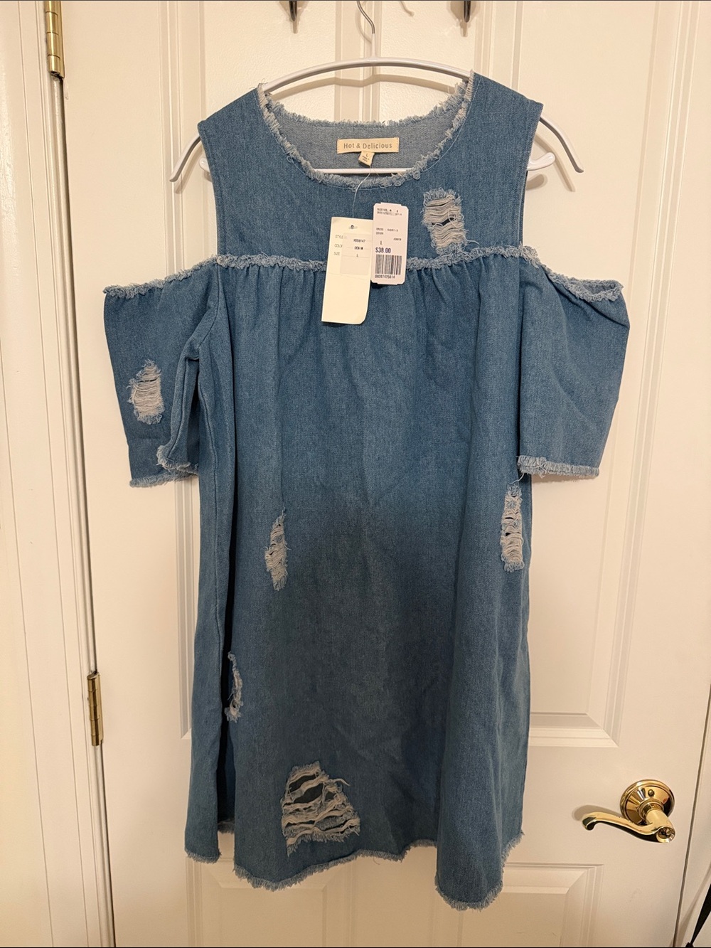 Hot & Delicious Light Blue Distressed Cold-Shoulder Denim Dress